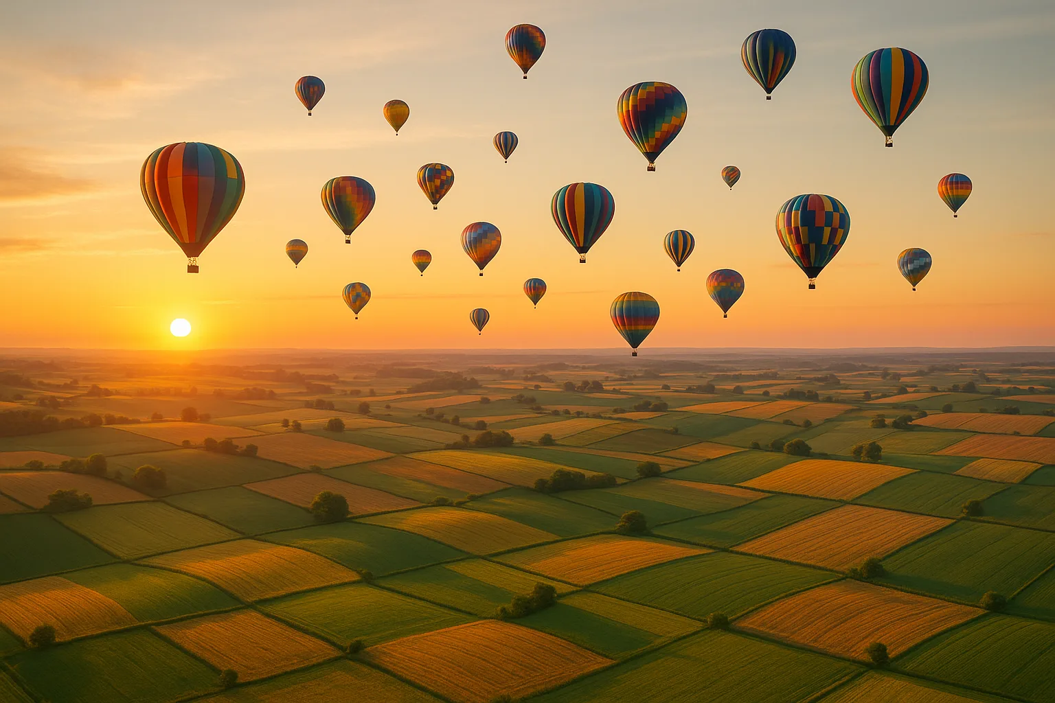 Scattered Multitude of Colorful Hot Air Balloons Drifts Serenely