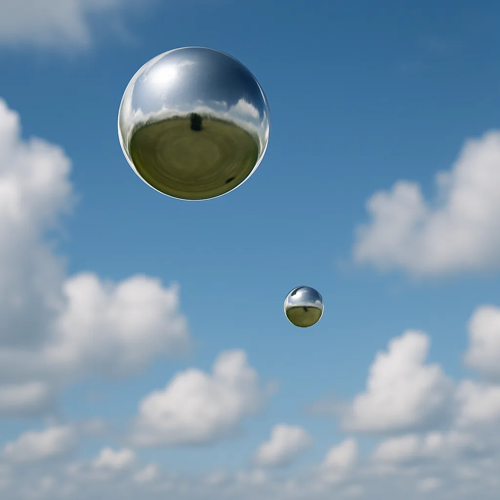 Two Silver Spheres—one Big and One Small—fall from the Sky