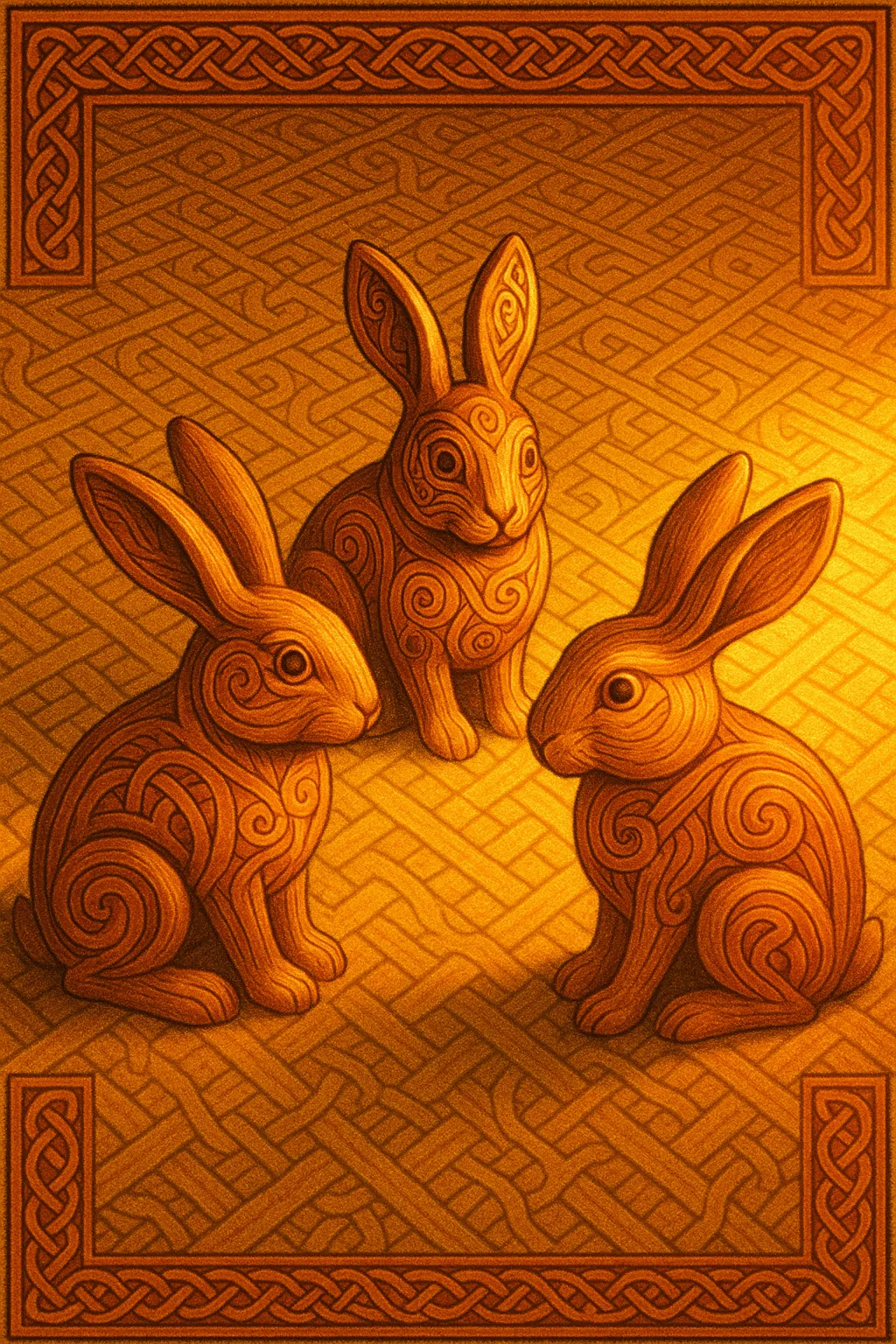 Three Varied Wood Rabbits in Book of Kells Illumination Style