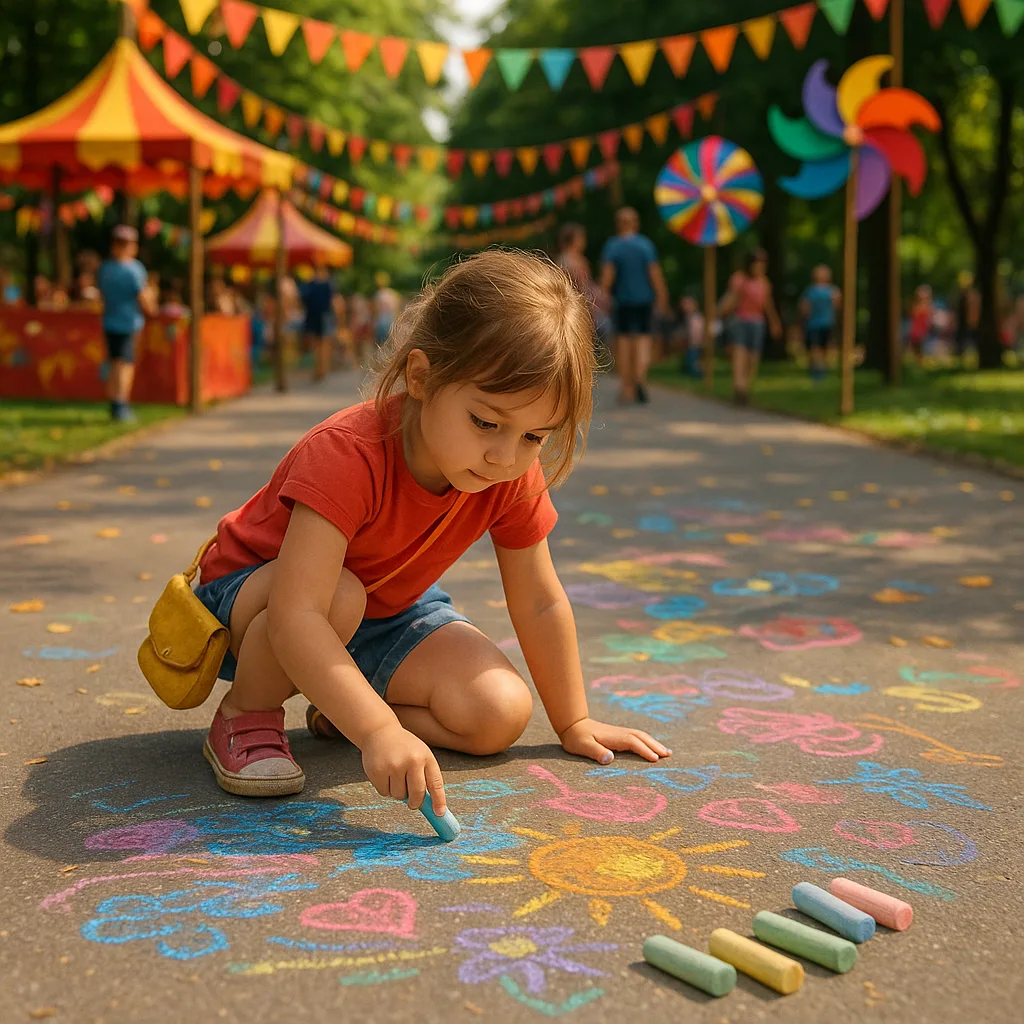 Child Draws Colorful Chalk Art on a Paved Path