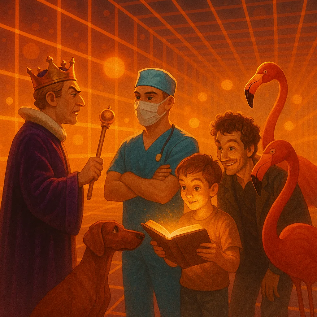 Velvet-clad Leader with Raised Scepter Addresses a Sporty Healthcare Worker