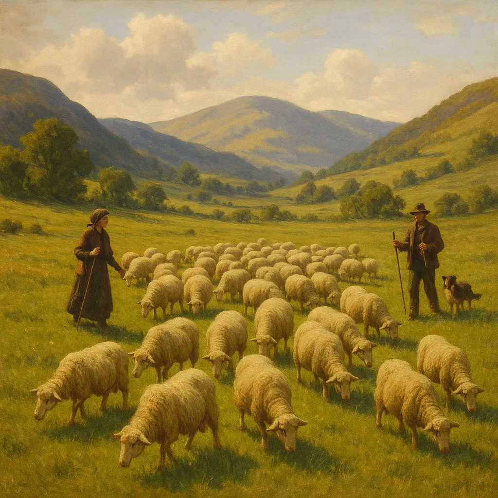 Rural Landscape with Shepherds Herding Sheep Across Grassy Fields