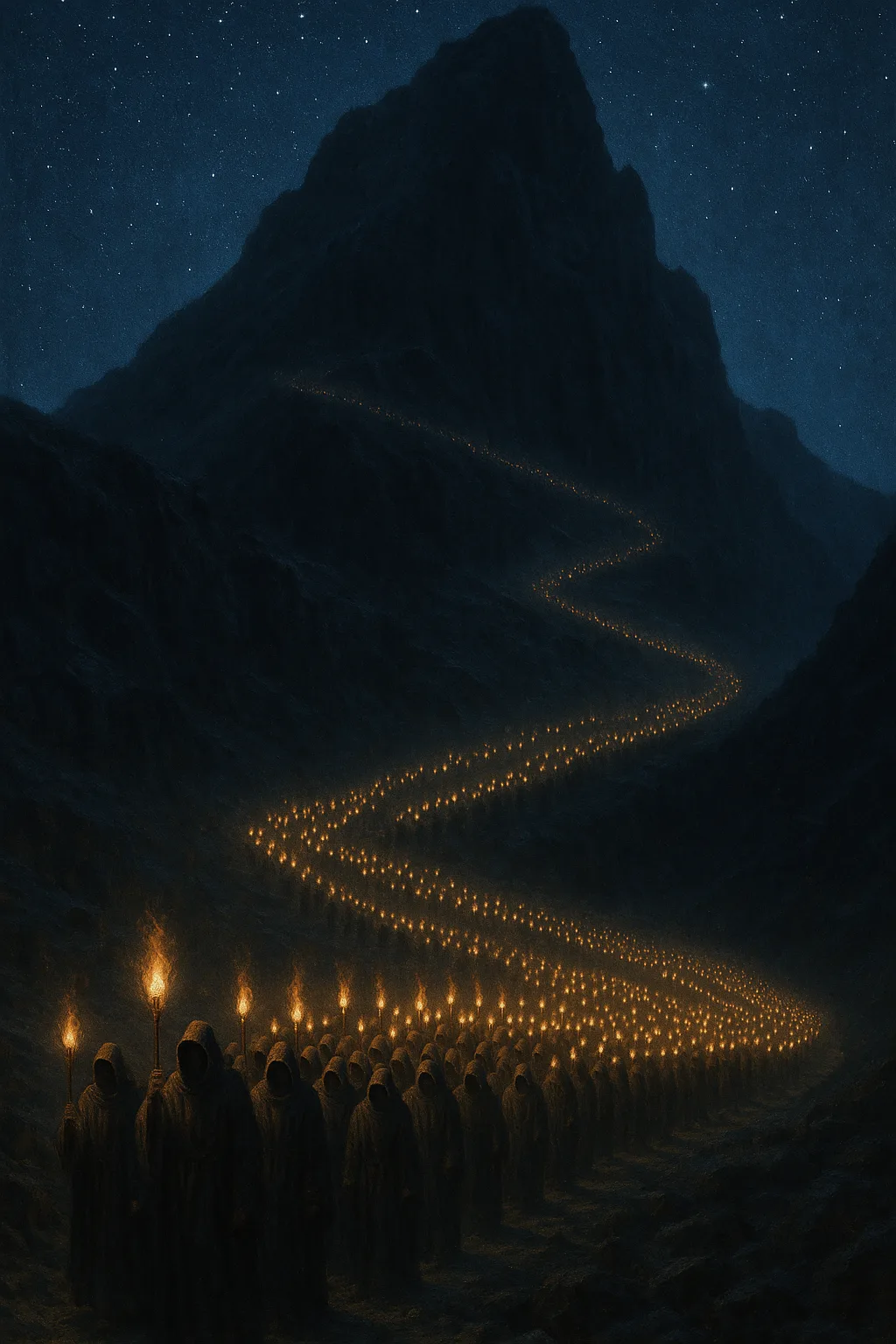 Long Procession of Hundreds of Robed Figures Carrying Flickering Torches