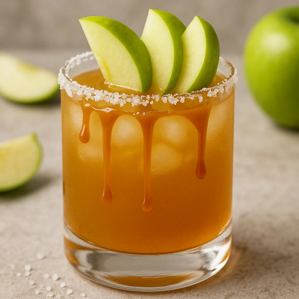 Glass of Caramel Apple Cocktail Garnished with Green Apple Slices