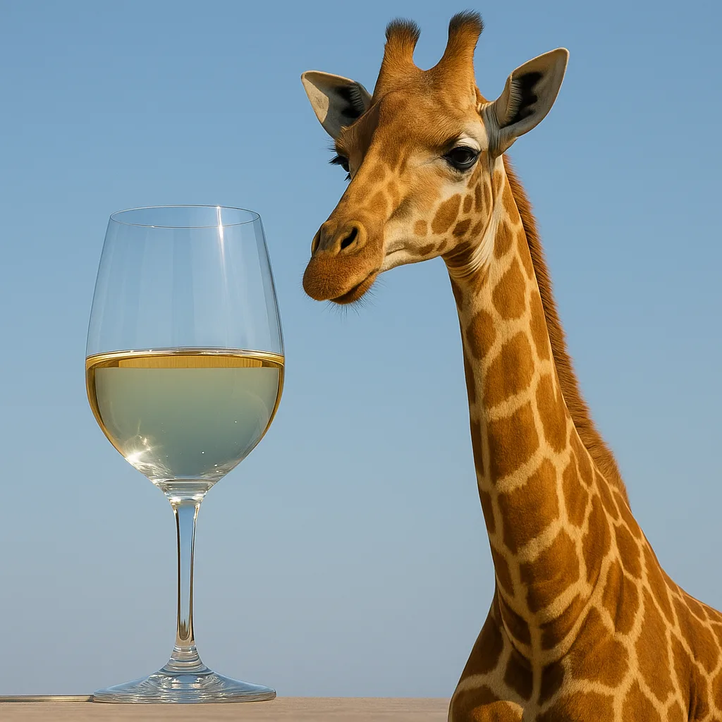 Transparent White Wine Glass Positioned Next to a Towering Giraffe