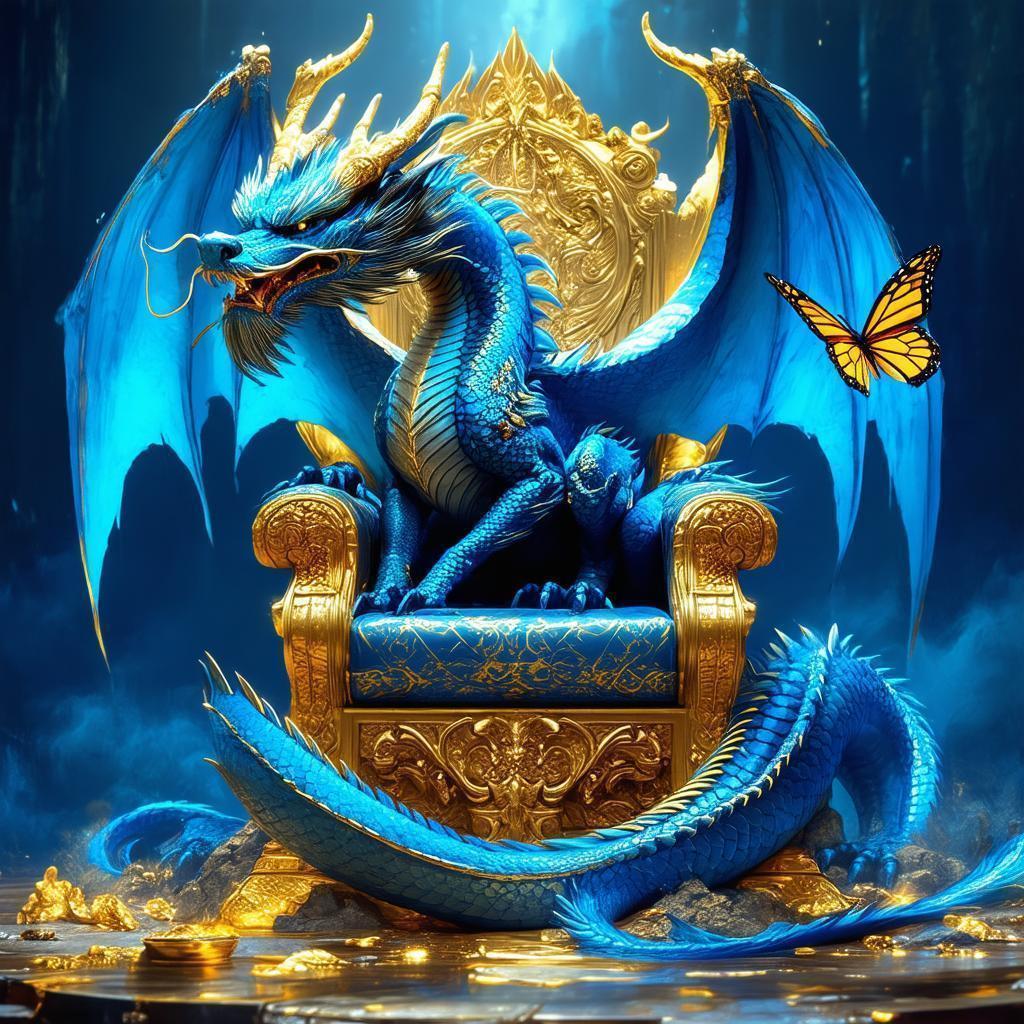 Blue Dragon Enthroned in Gold With a Butterfly