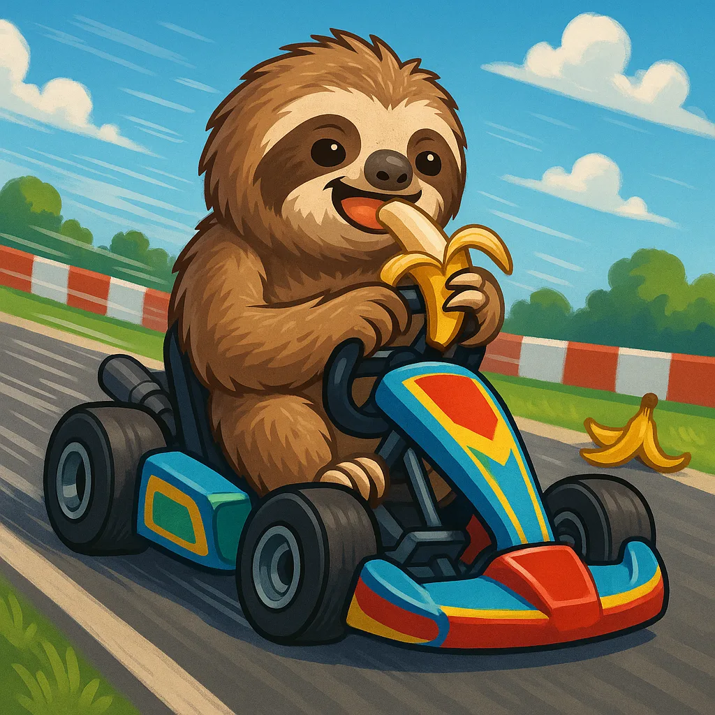 Sloth Piloting a Vibrant Go-kart Speeds Along a Racing Course