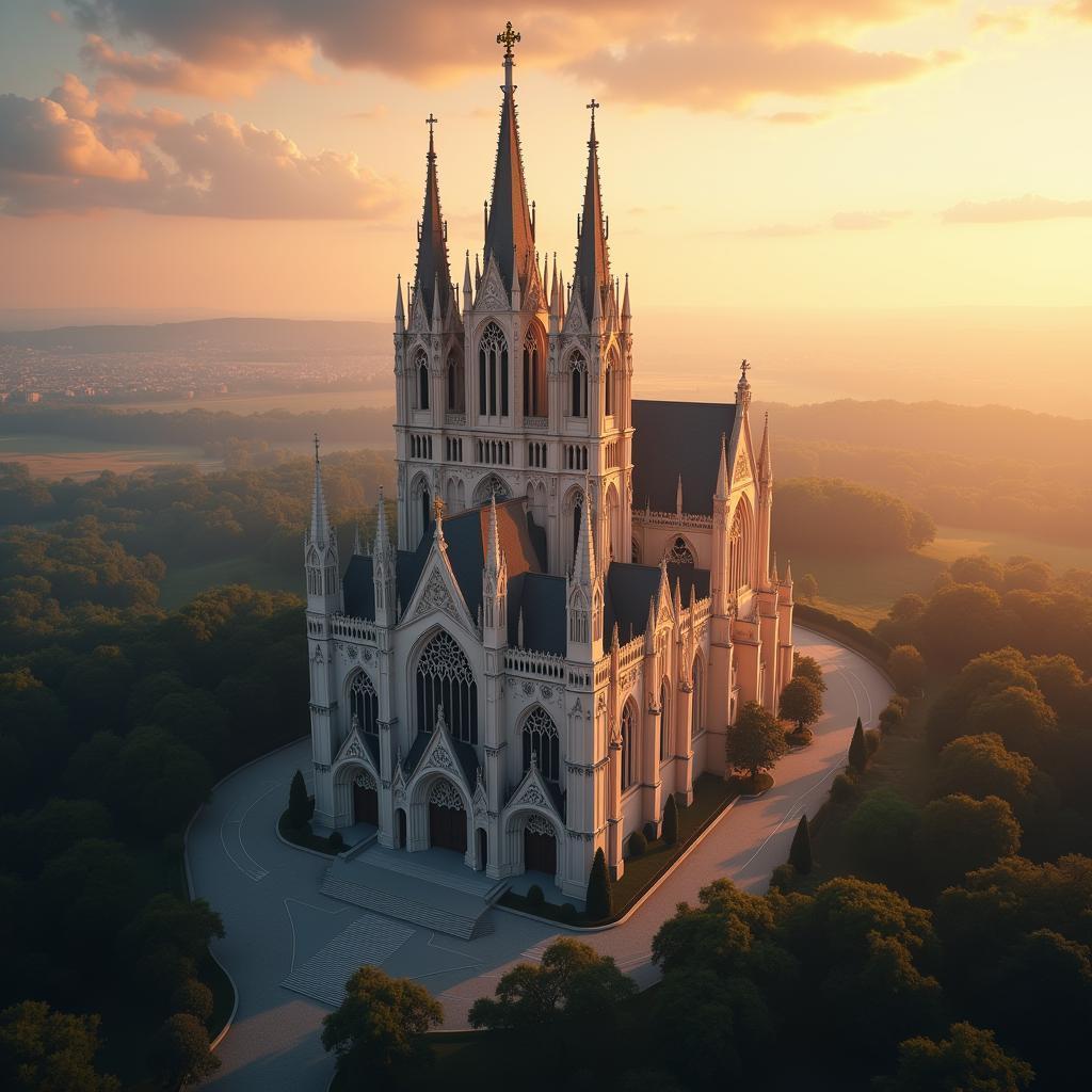 Aerial Golden Hour View of a Kilometer High Cathedral