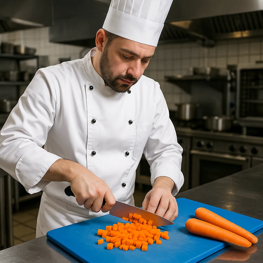 Chef in a White Uniform Chopping Carrots