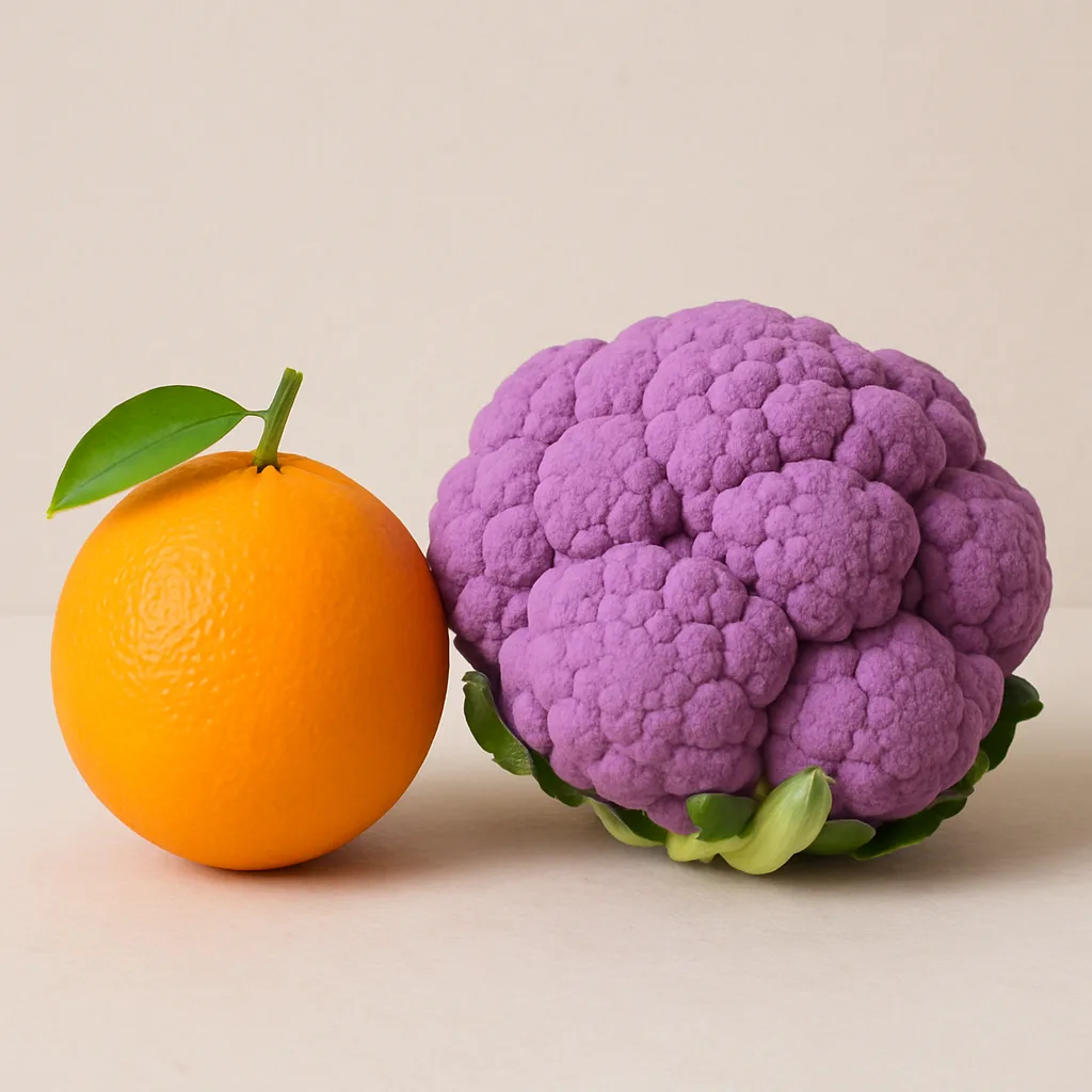 Lemon in Orange Coloration Next to a Cauliflower