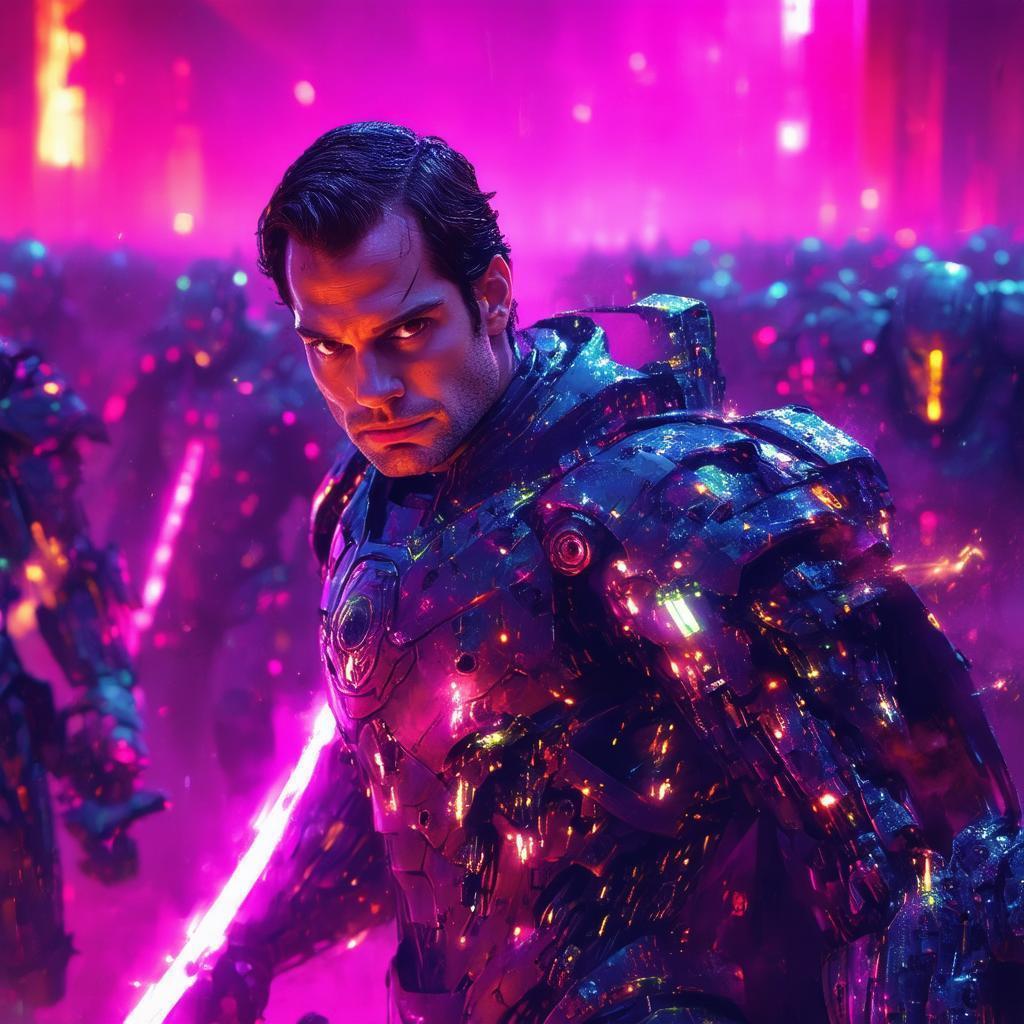 Neon Closeup of Henry Cavill Fighting Necrons