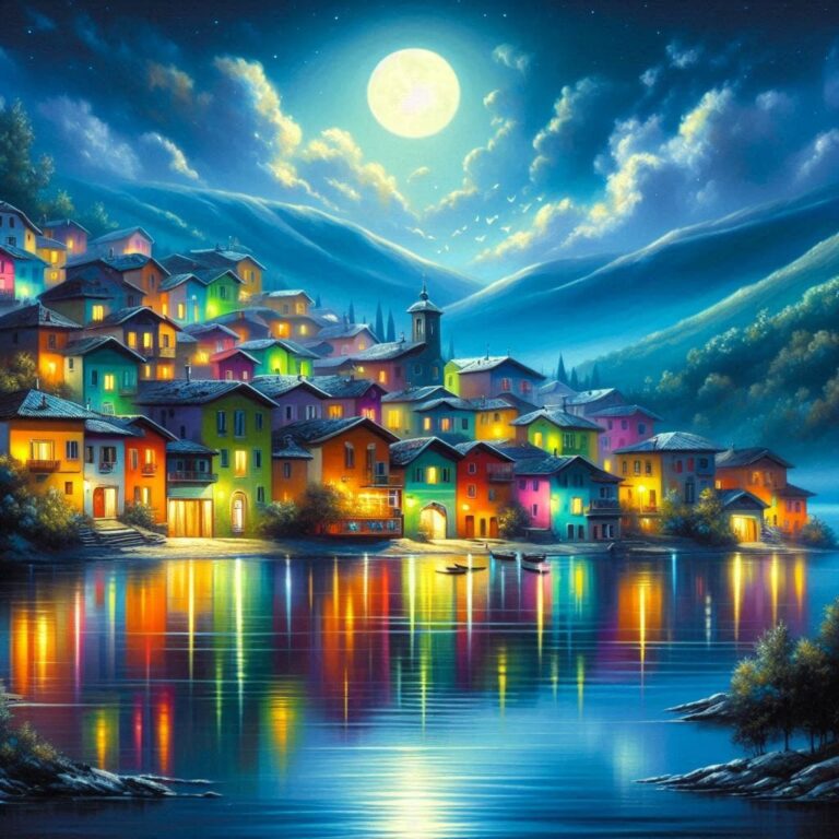 Colorful Lakeside Houses Reflecting at Night