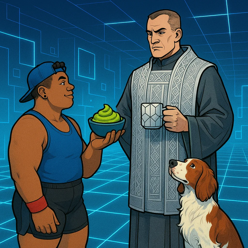 Robust Non-binary Person in Athletic Gear Offers Swirled Green Guacamole
