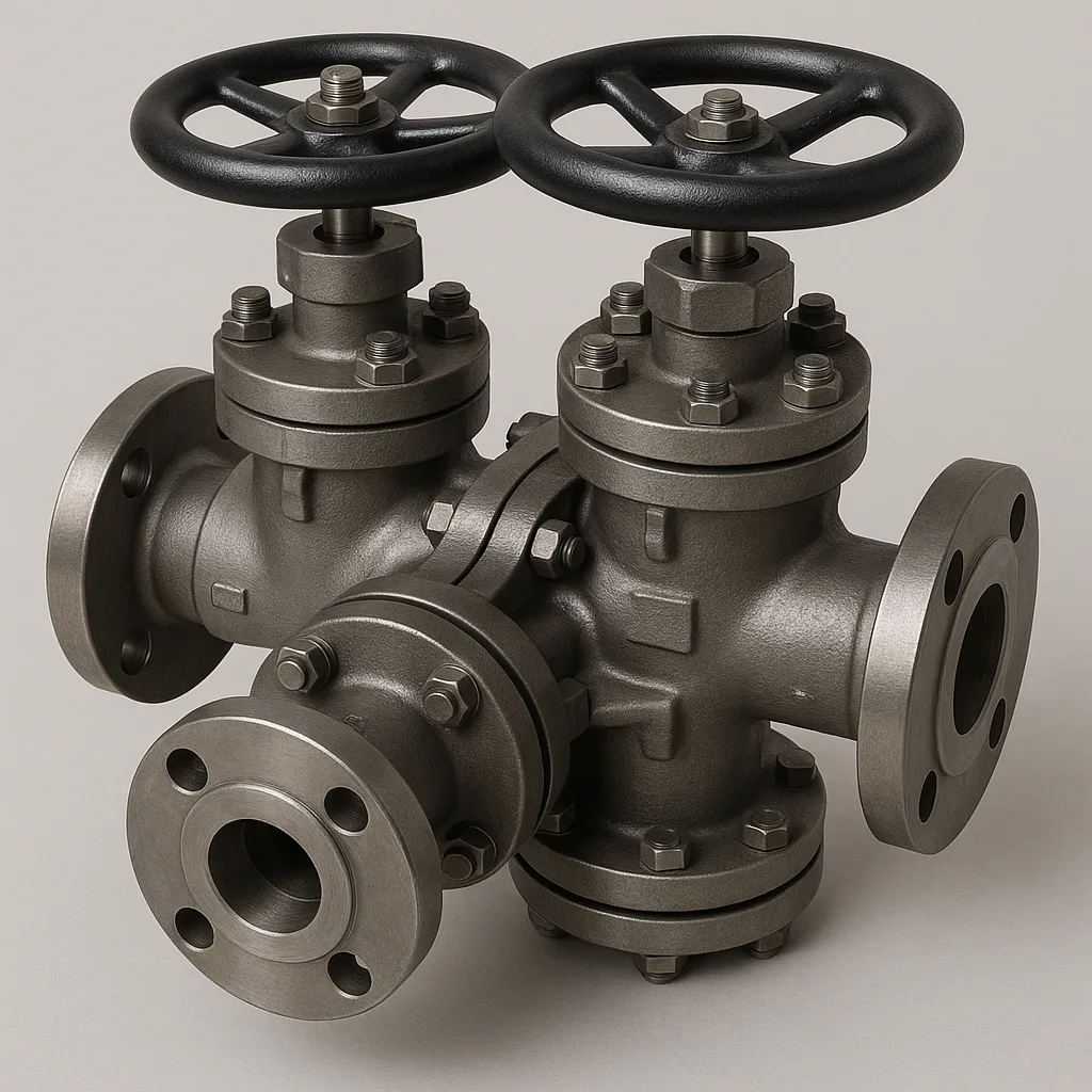Multi-port Industrial Valve Assembly with Two Large Black Handwheels