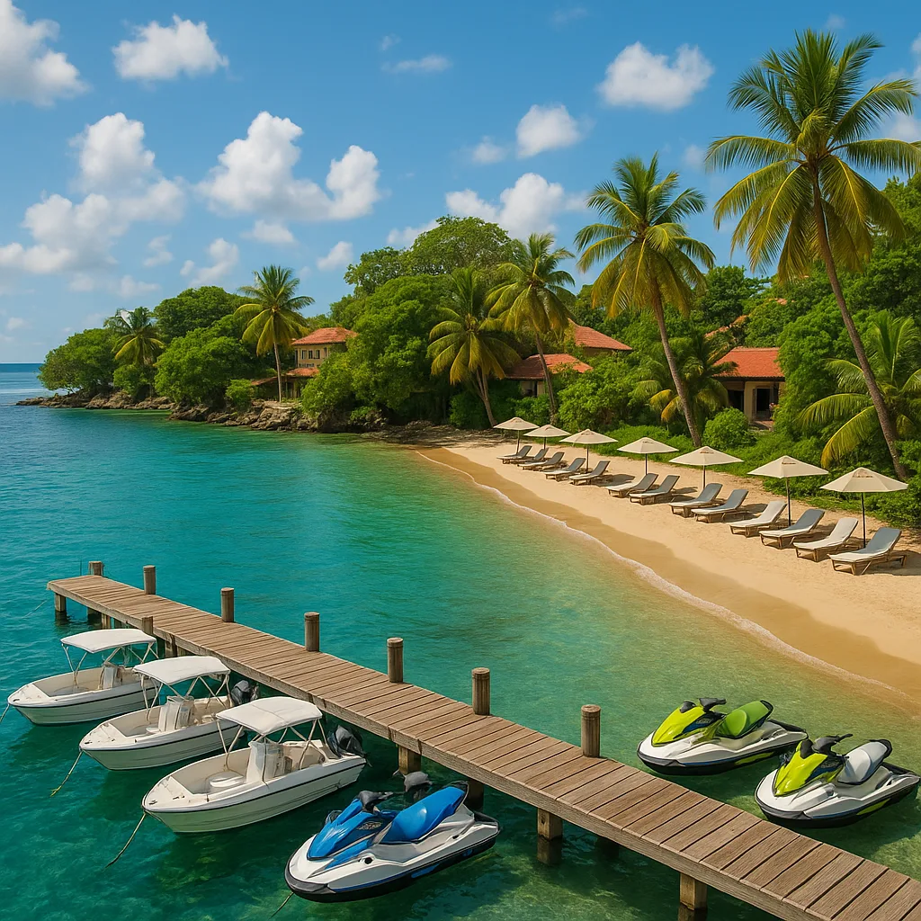Scenic View of a Tropical Shoreline Featuring a Dock