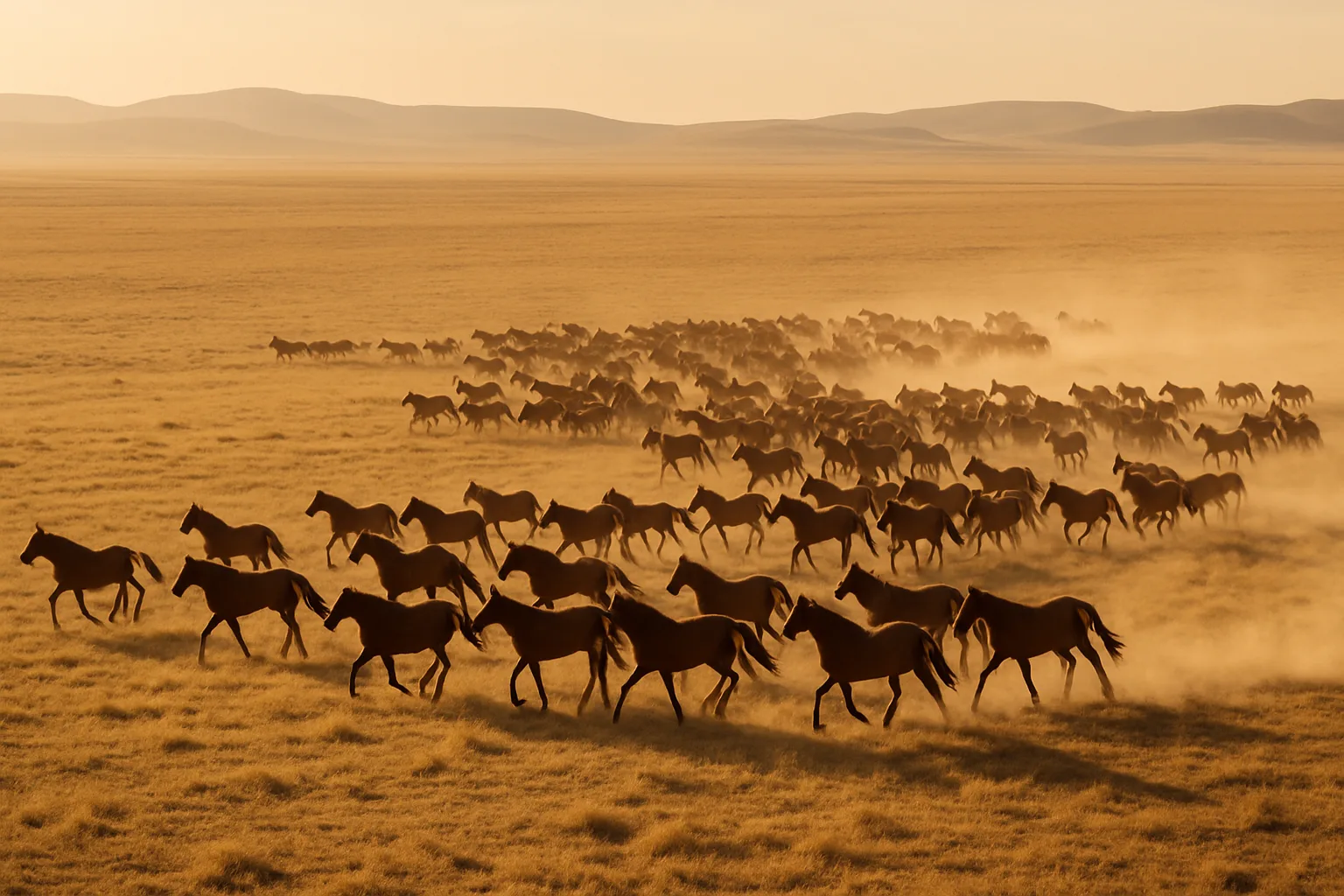 Large Herd of Distant Wild Horses Gallops Across an Immense
