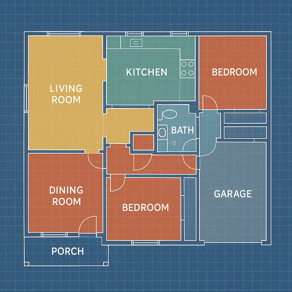 Diagram in a Blueprint Style Illustrating a Suburban House