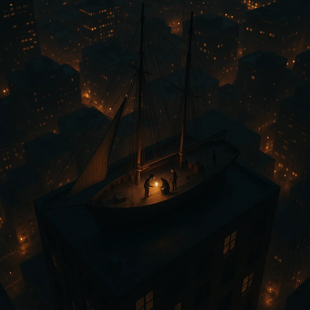 Two-masted Schooner Rests Surreally on a Dim Rooftop