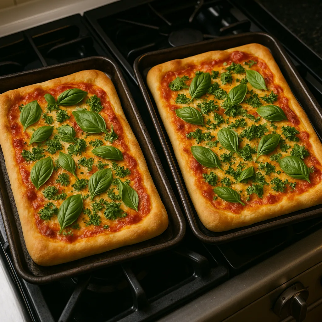 Two Rectangular Homemade Pizzas with Golden Crusts
