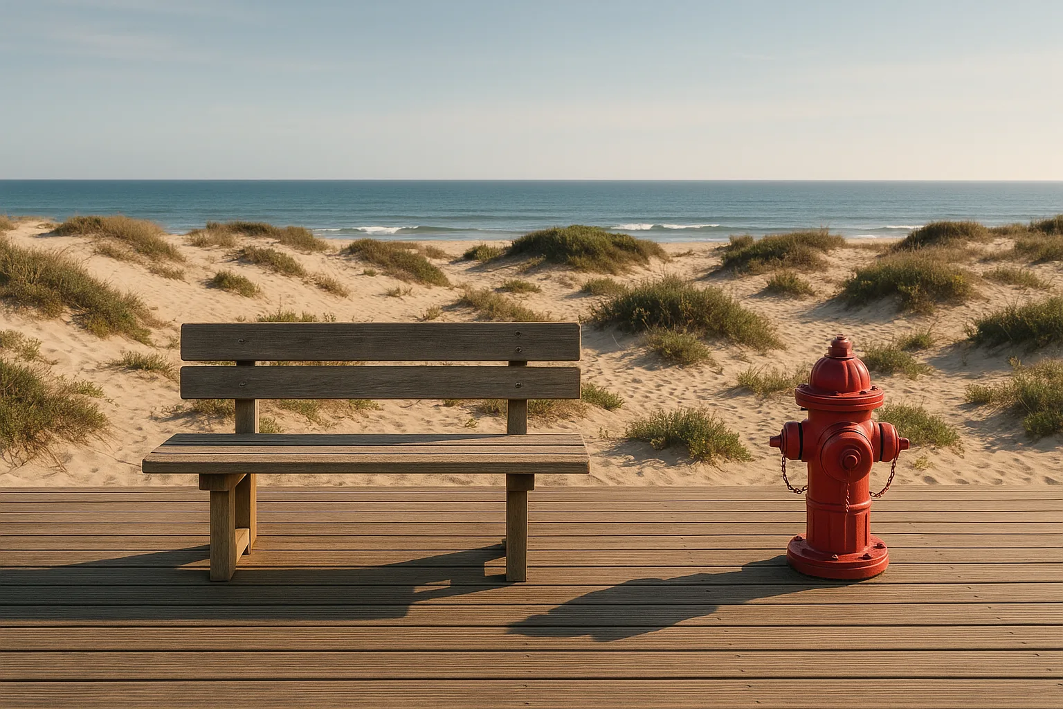 Wooden Bench and Fire Hydrant on a Boardwalk Overlooking Sandy