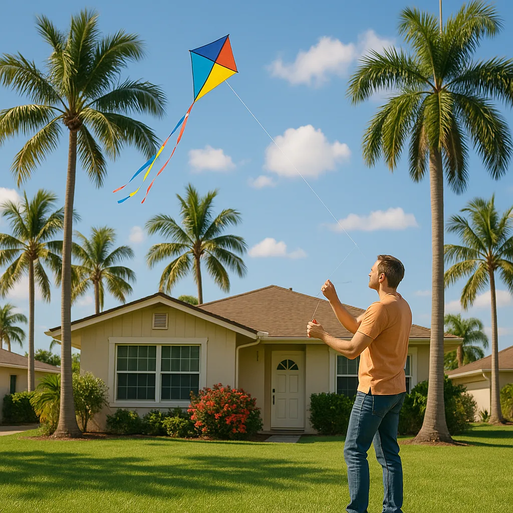 Suburban Scene Featuring a Man Flying a Kite