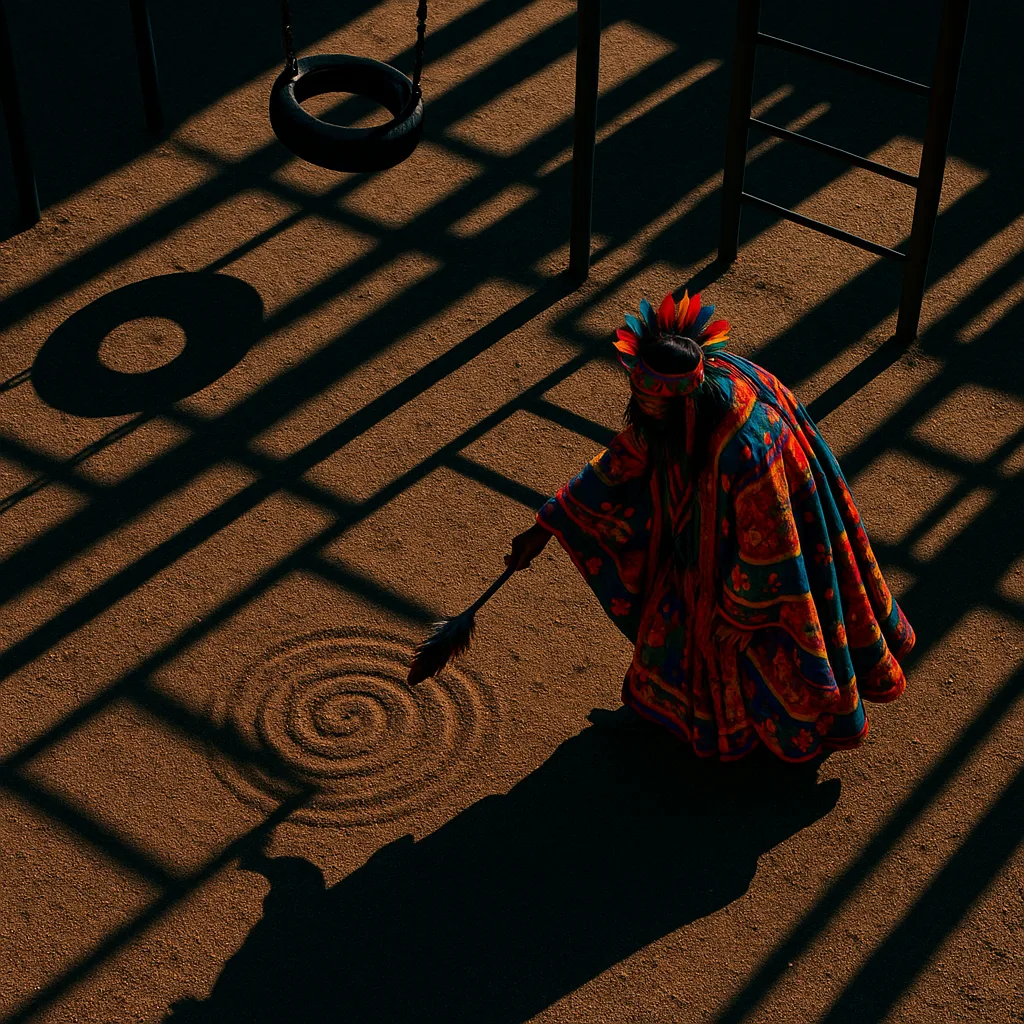 Lone Shaman in Vibrant Robes Traces Patterns
