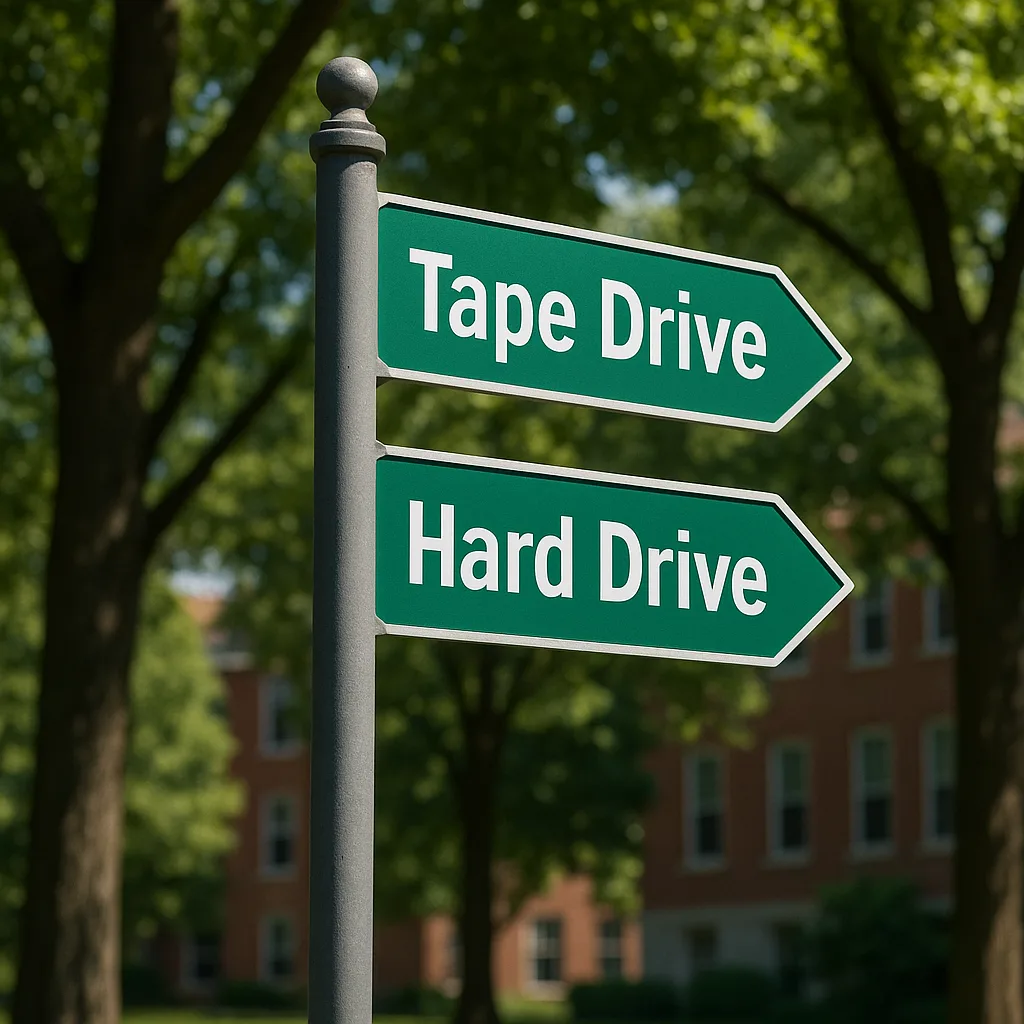 Signpost with Green Arrows Labeled "Tape Drive" and "Hard Drive"