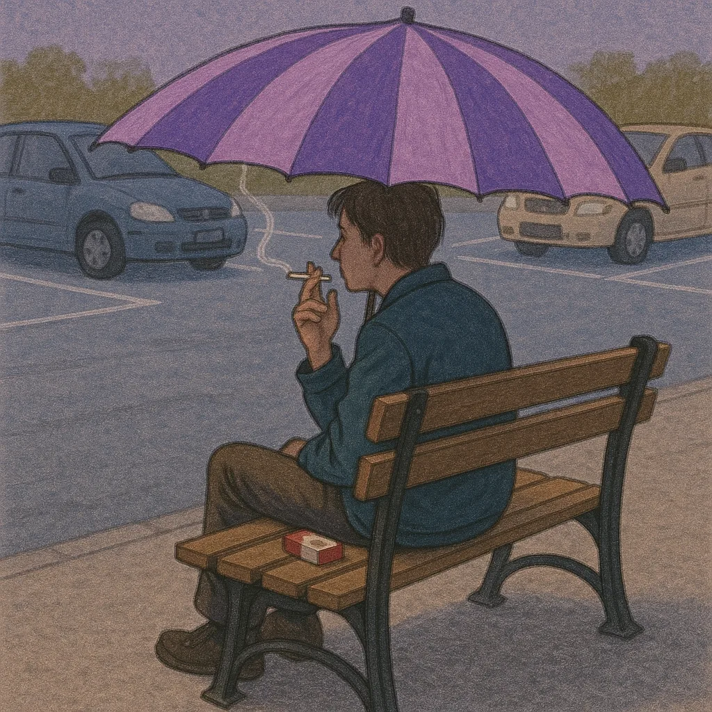 Seated Person under a Purple Striped Umbrella Smokes a Cigarette