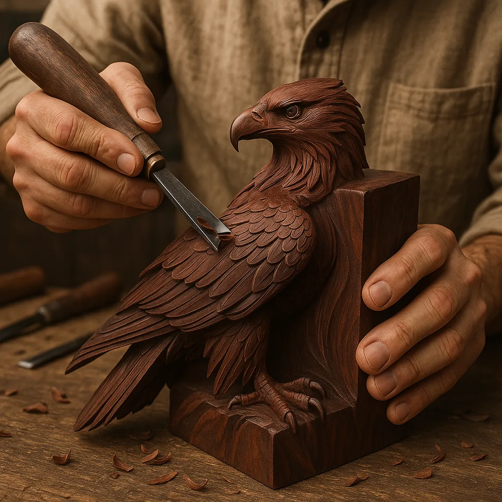 Craftsman Is Carving an Intricate Sculpture of a Regal Eagle
