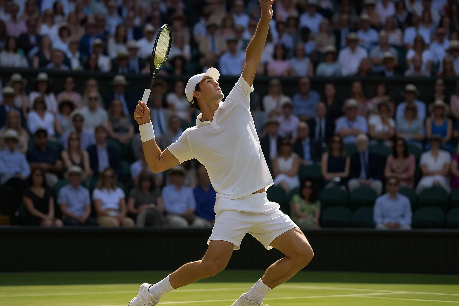 Tennis Player in a White Outfit Mid-serve on a Grass