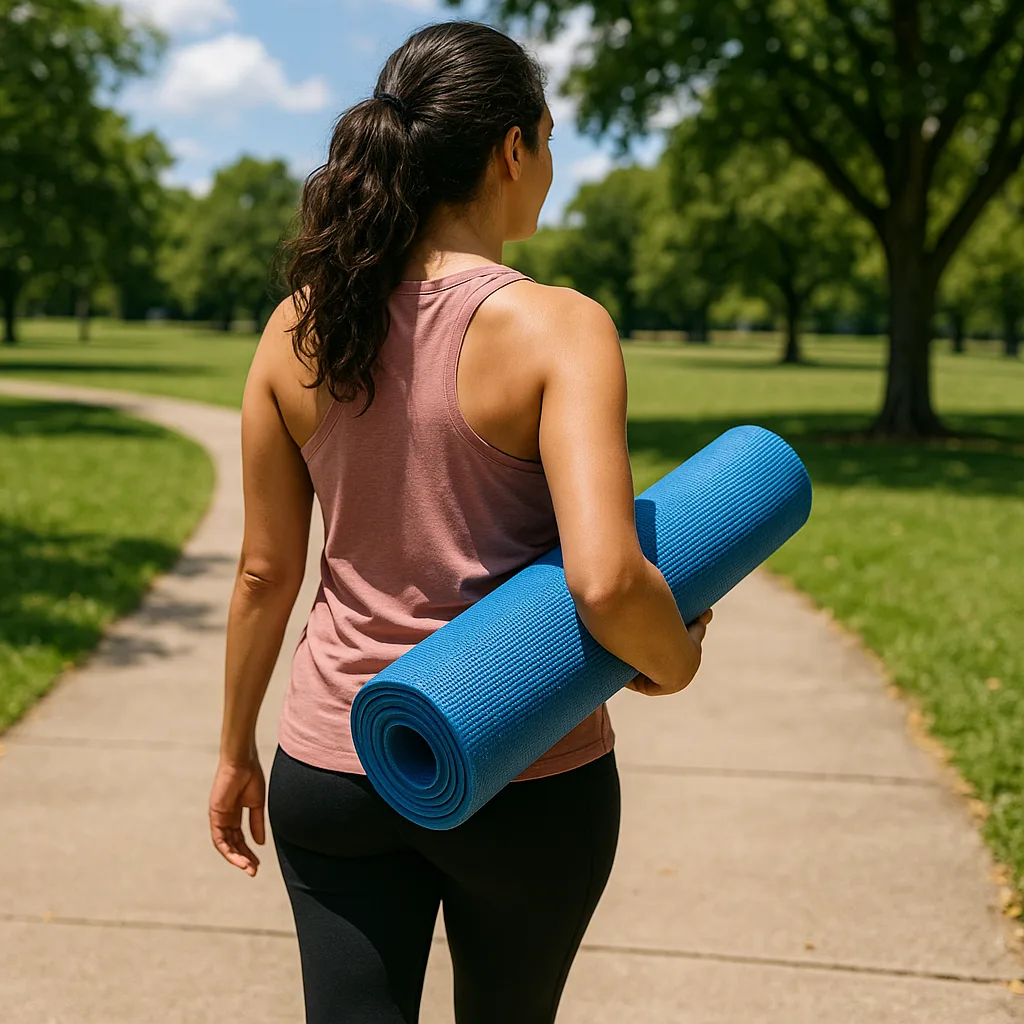 With a Blue Yoga Mat in Hand