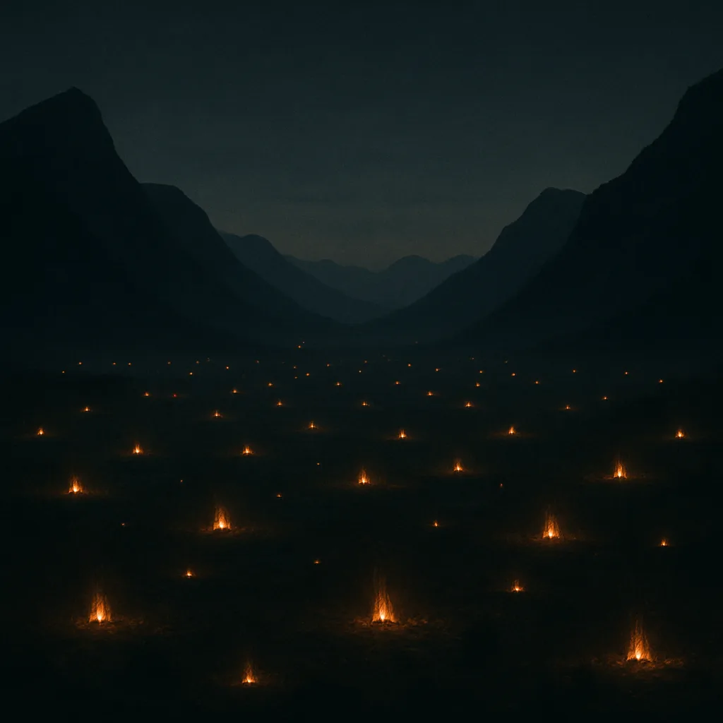 Many Distant Campfires Flicker Like Scattered Embers Across a Vast
