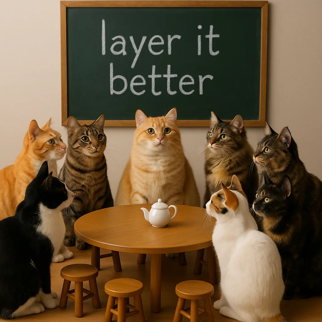 Group of Cats with Various Fur Patterns Sits Primly