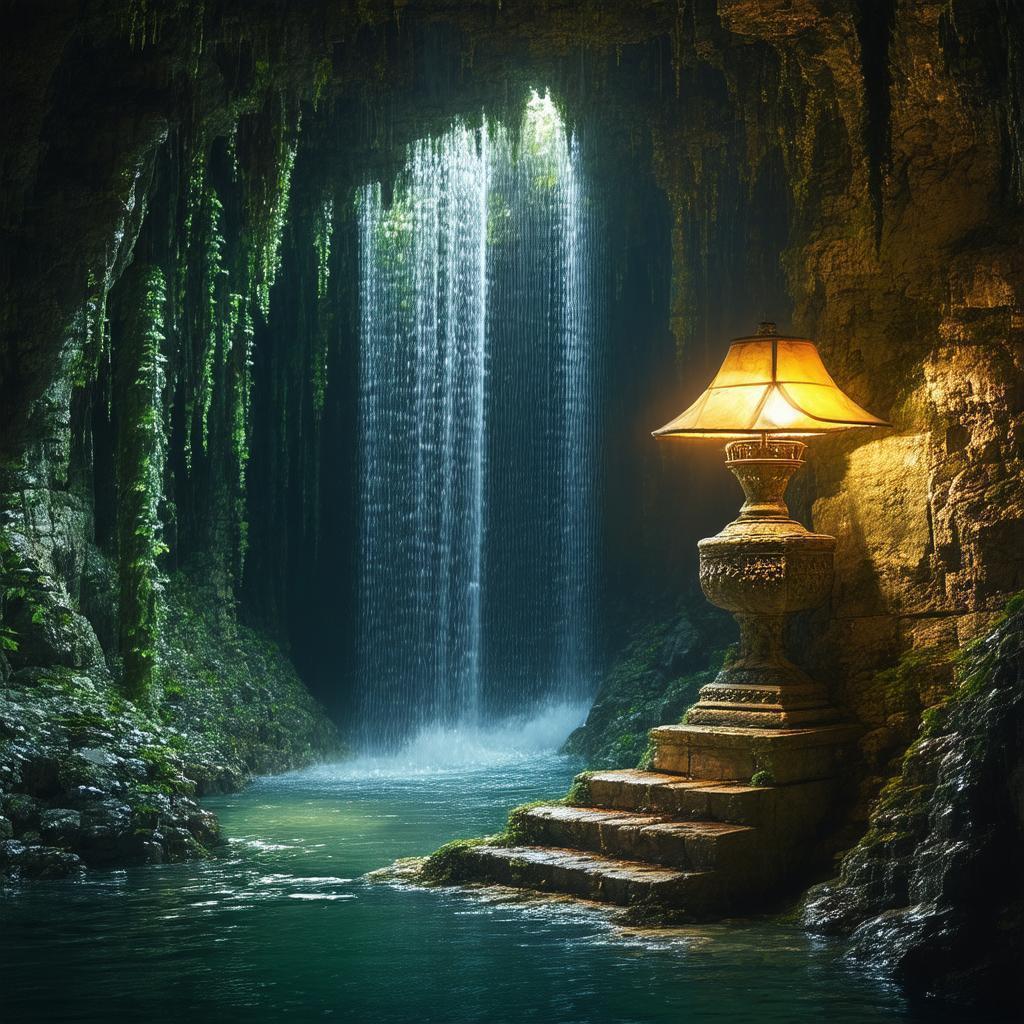 Deep Cave Waterfall Lit by a Stone Lamp