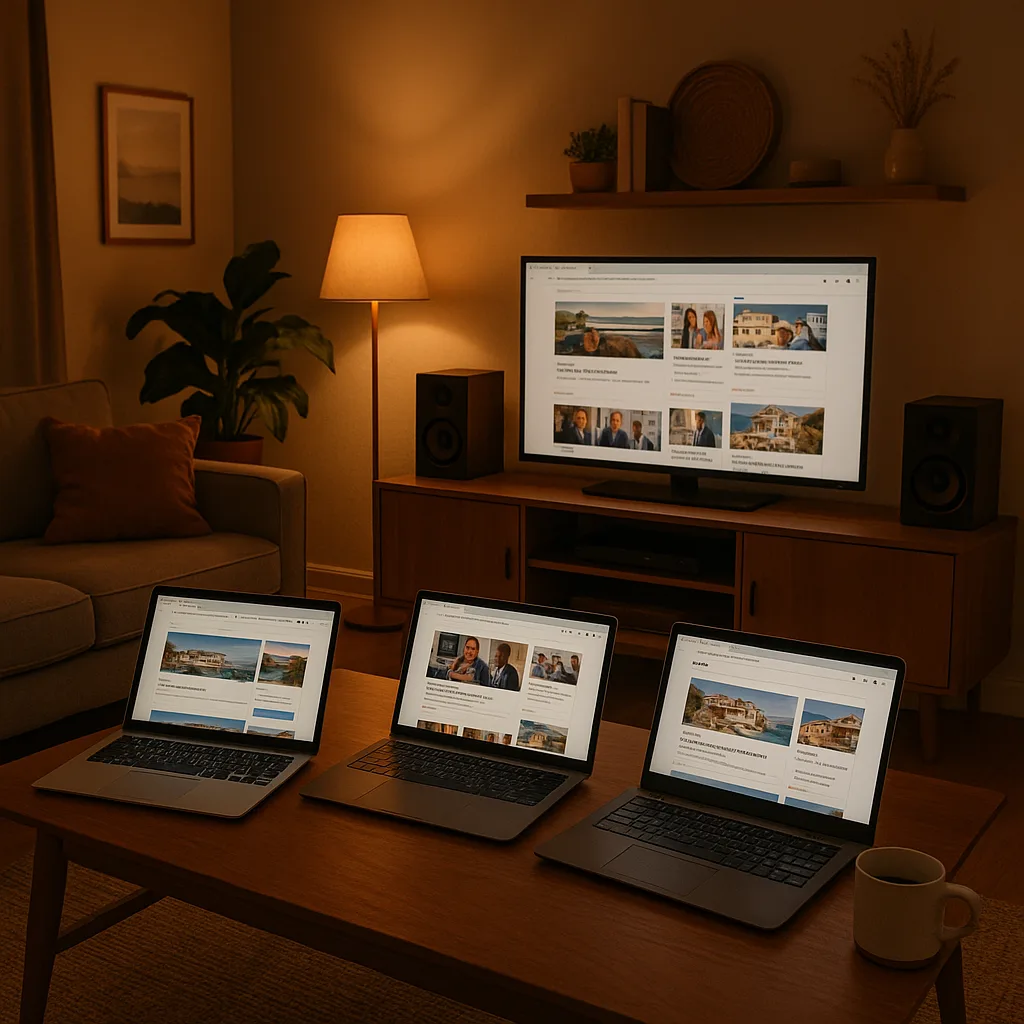 Cozy Living Room Setup with Multiple Laptops