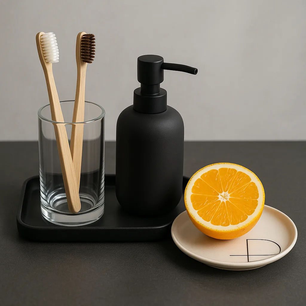 Stylish Arrangement of Bathroom Essentials Displayed on a Modern Charcoal-gray