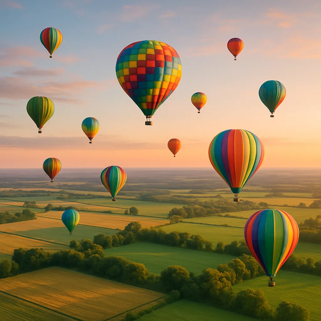 Many Colorful Hot Air Balloons Drift Serenely over a Vast