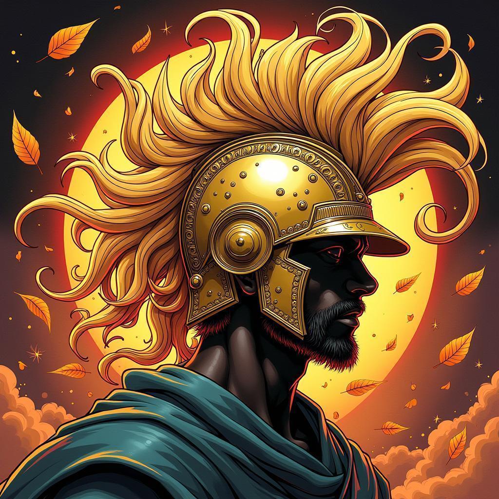 Golden Manga Helmet With a Flowing Plume