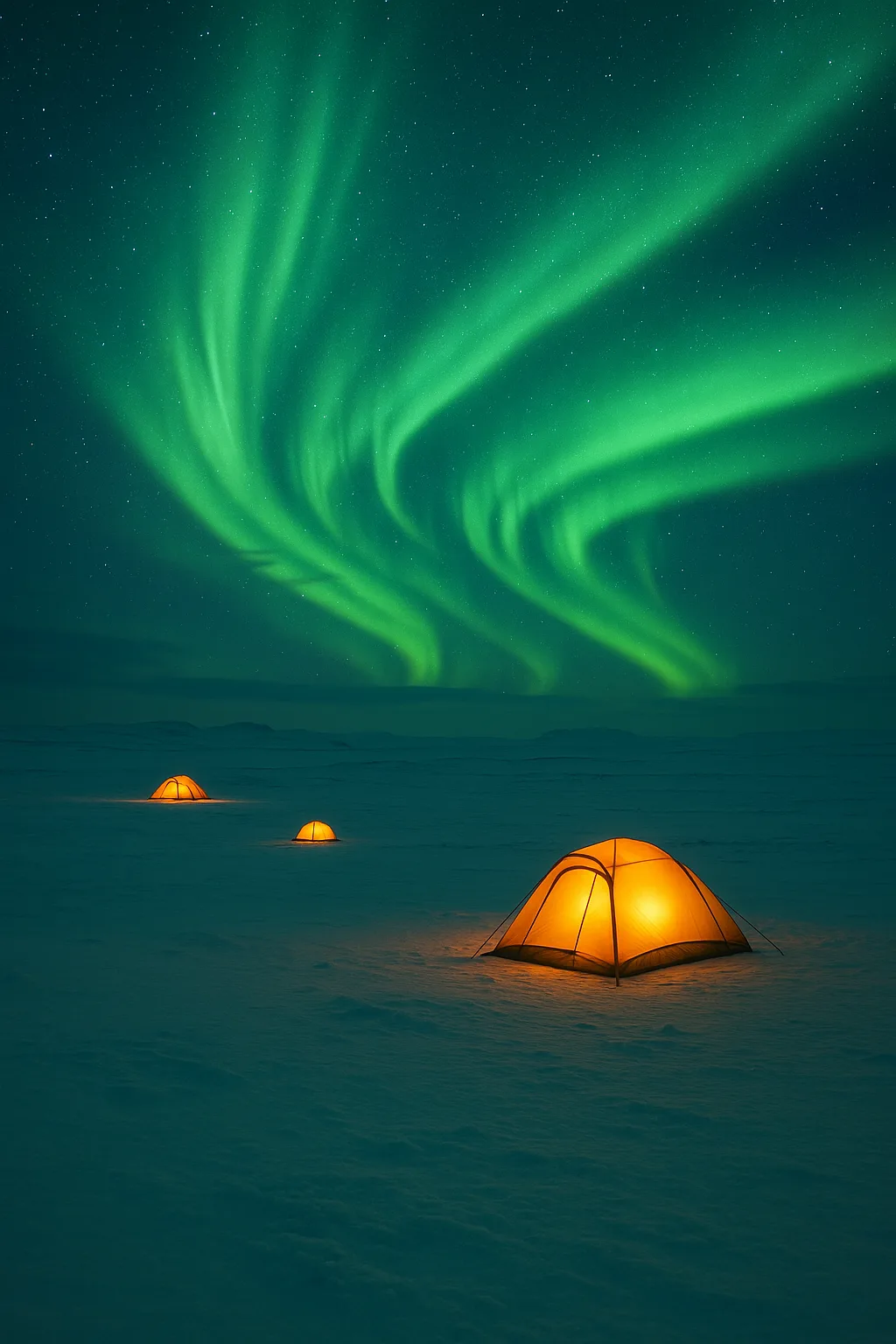 Few Solitary Tents Glow Faintly on a Vast