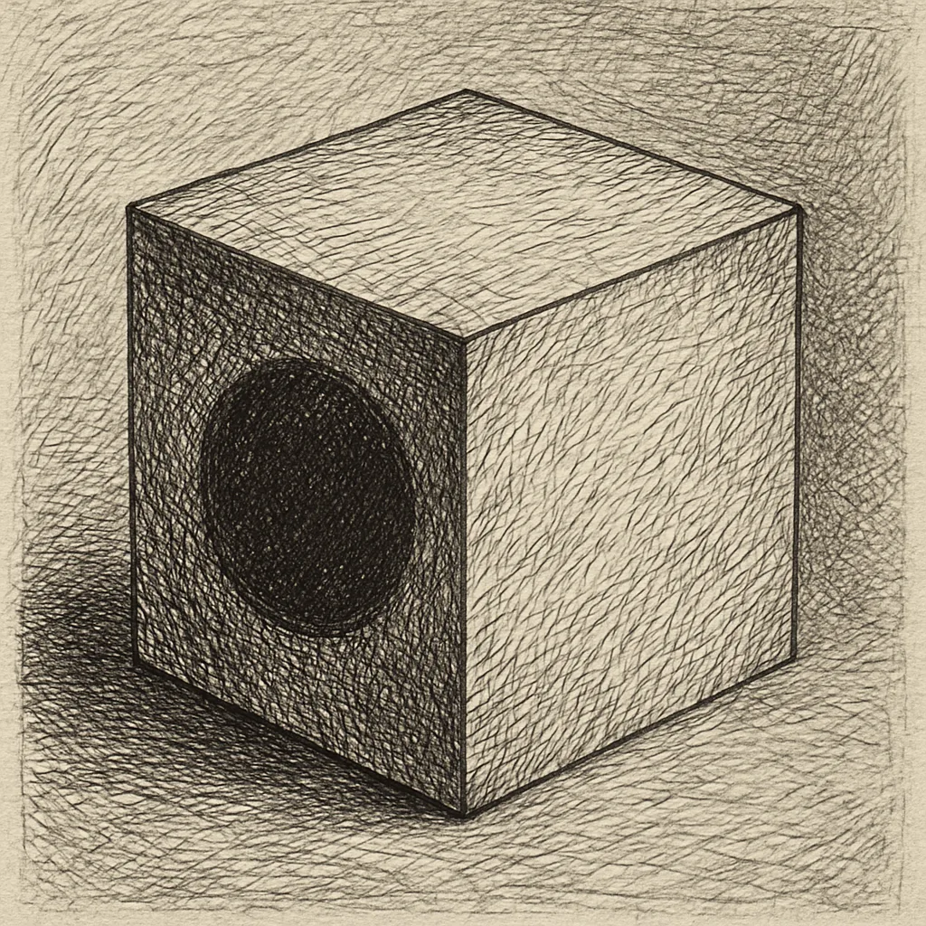 Crosshatched Pen-and-ink Illustration Depicting a Cube Marked by a Bold