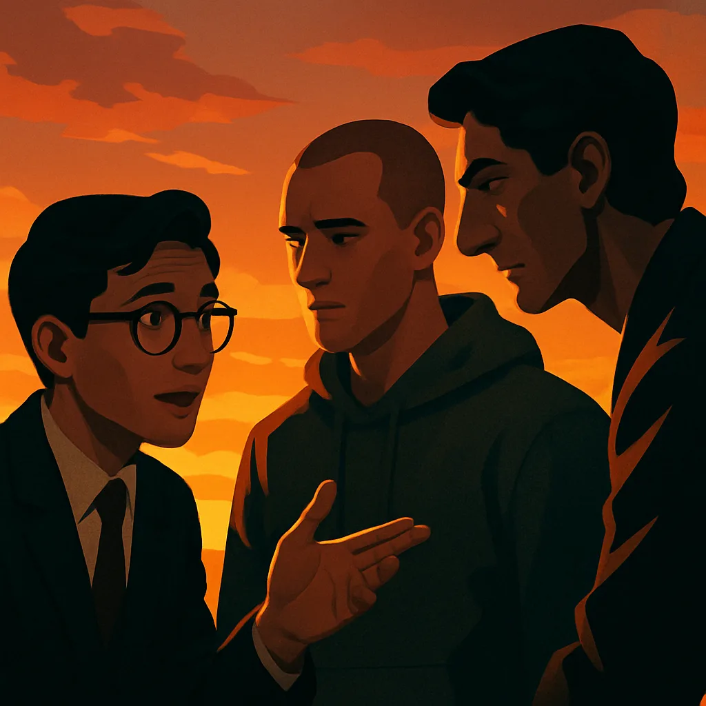 Slick-haired Innocent with Glasses Earnestly Gestures to a Buzz-cut Everyman