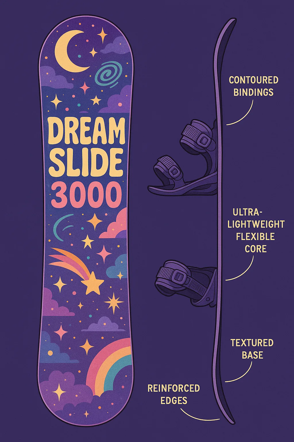 Surreal and Whimsical Snowboard Graphic for the "Dreamslide 3000." Include