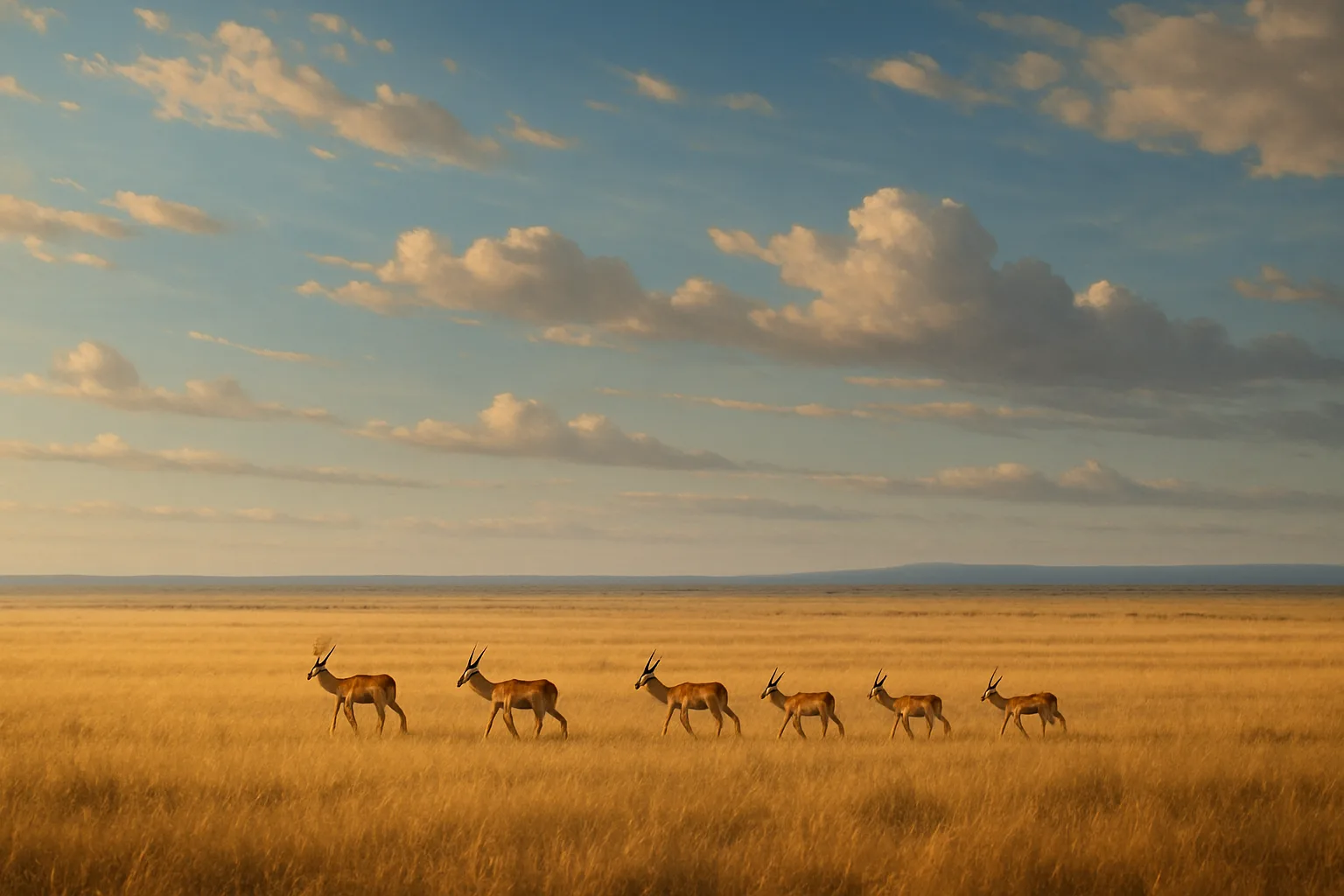 Small Herd of Distant Antelopes Gracefully Traverses a Vast