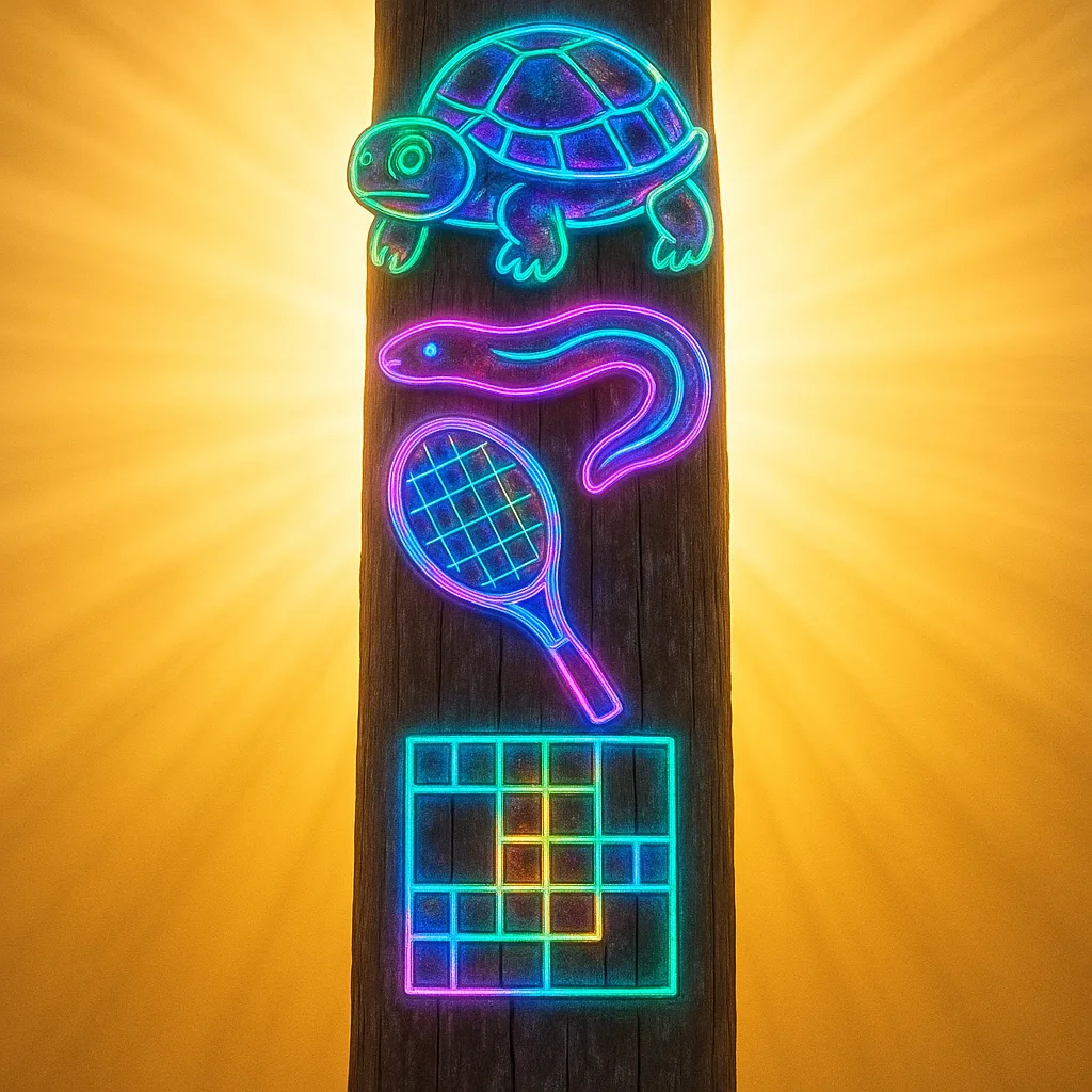Totem Pole with Bizarre Neon Holographic Carvings of a Mud
