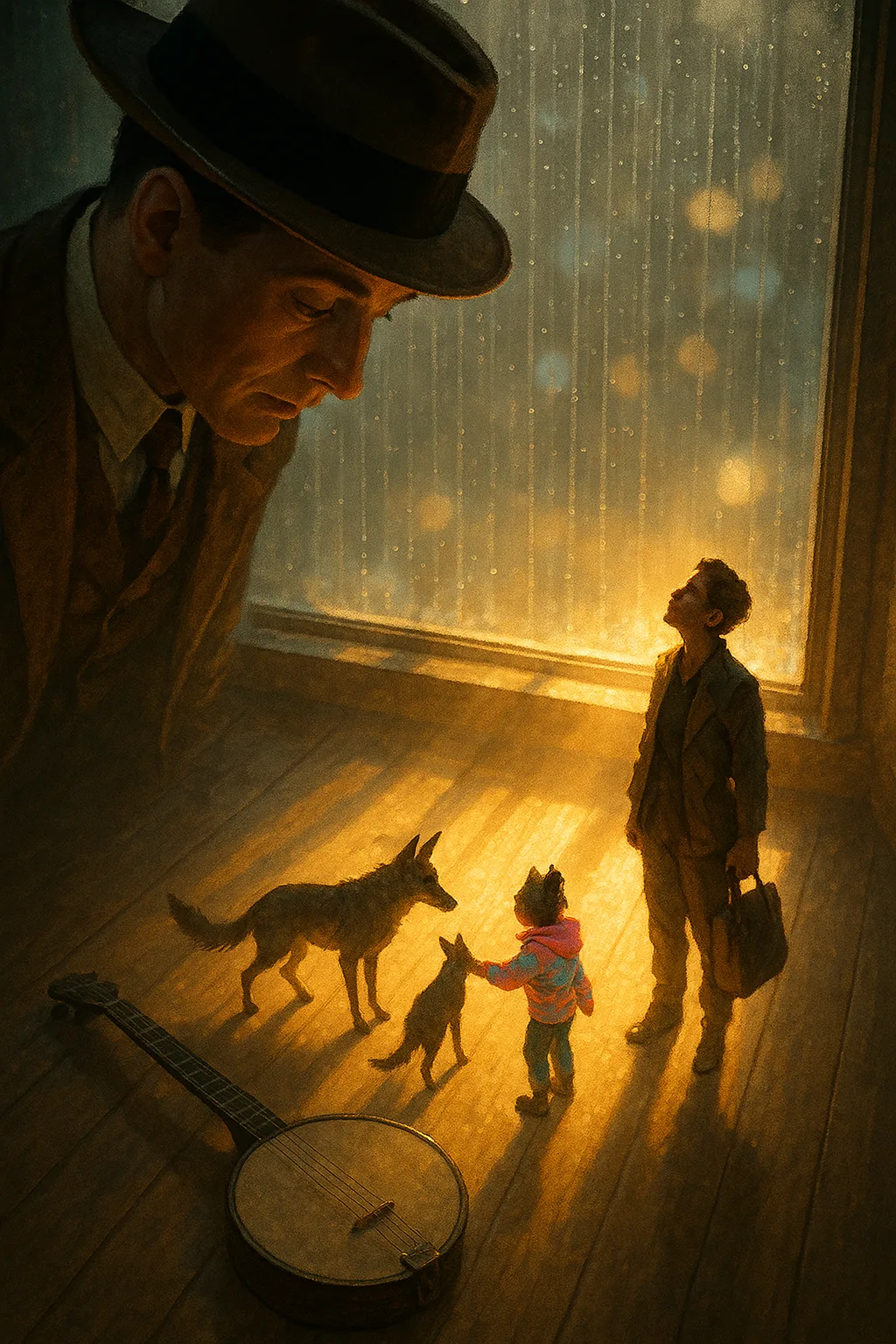 Giant Figure in 1920s-style Attire Curiously Observes a Diminutive Child