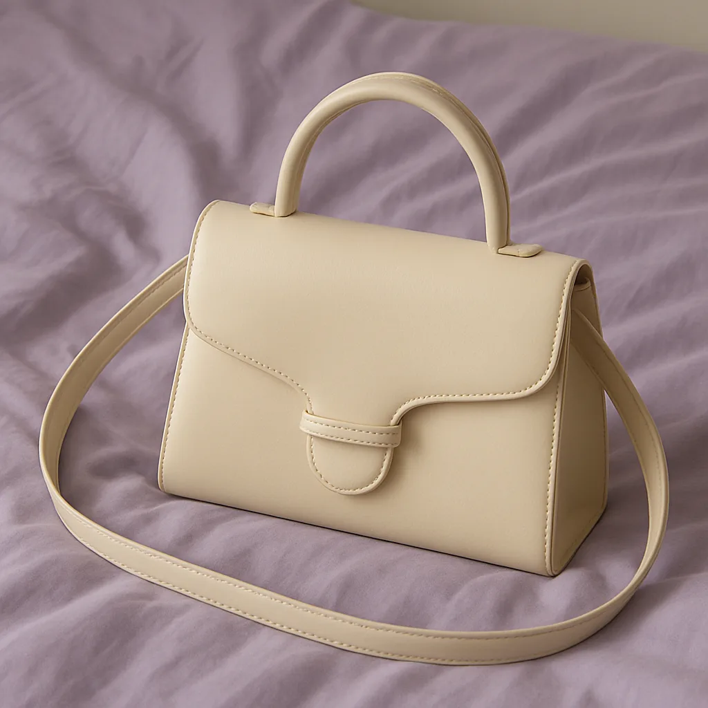Handbag in a Cream Hue Resting Atop a Lavender-colored Bedspread