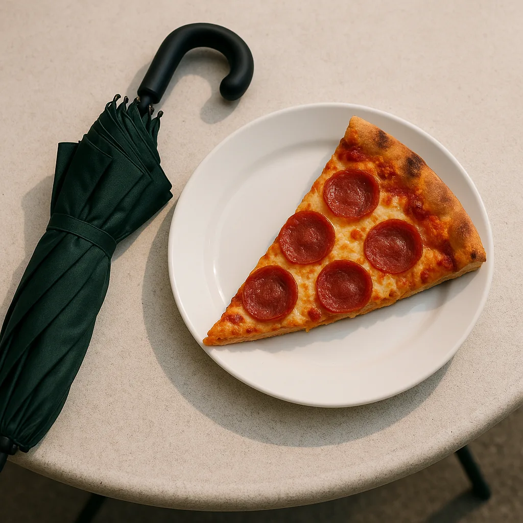 Dark Green Umbrella near a White Plate Holding a Pizza