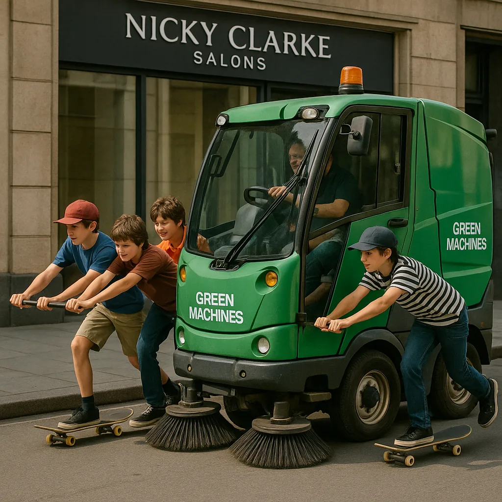 Four Boys on Skateboards Pushing a Green Street-cleaning Vehicle