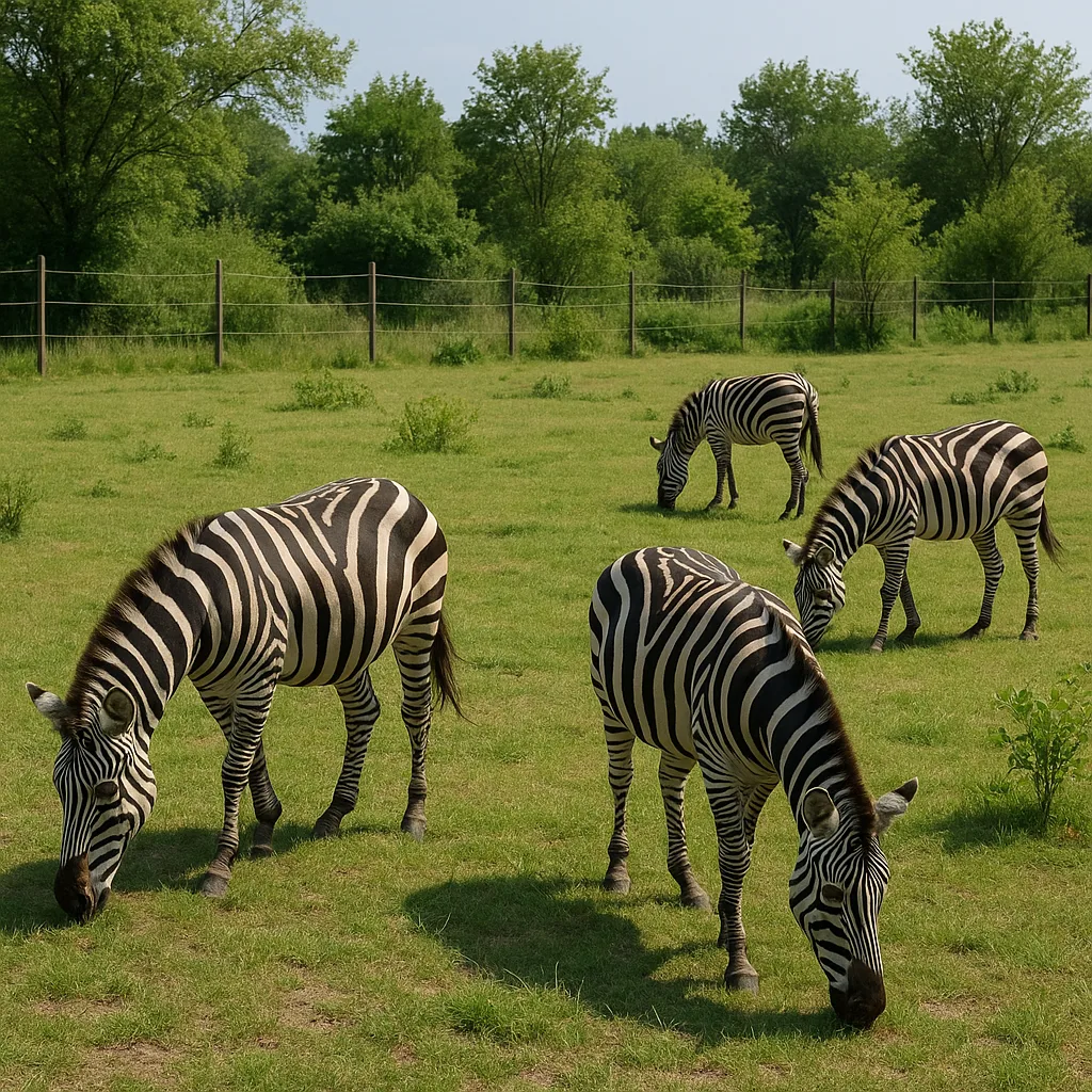 Grassy Enclosure with Zebras Grazing and Sparse Greenery