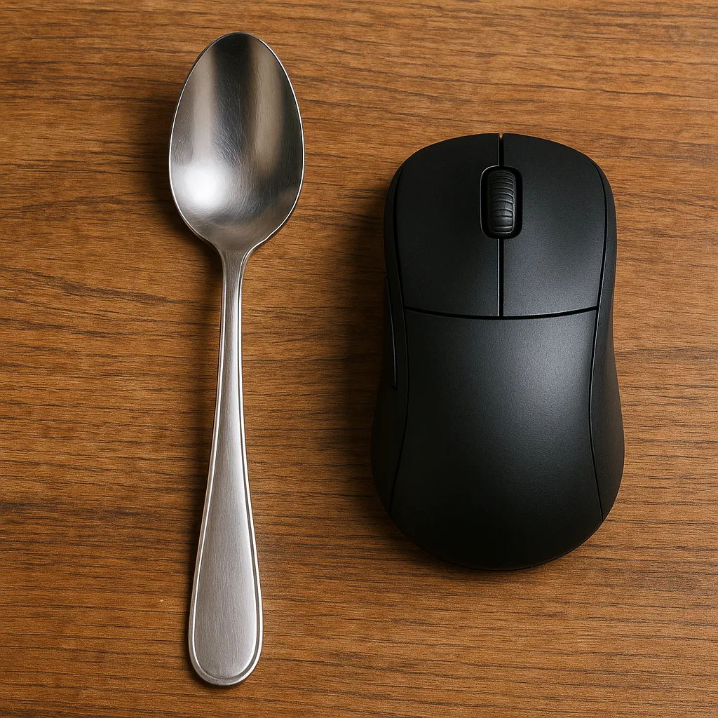 Black Computer Mouse Lying Next to a Silver Spoon